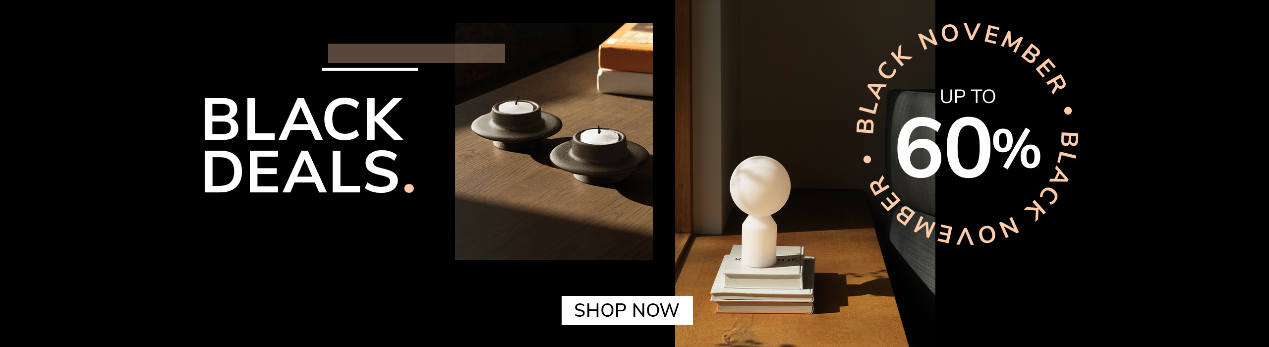 Discover More Elegant designer table lamp on natural stone base with gold stem and white shade, promoting Black November sale – up to 40% off with text ‘First Black Deals’ and ‘Discover More’ button.