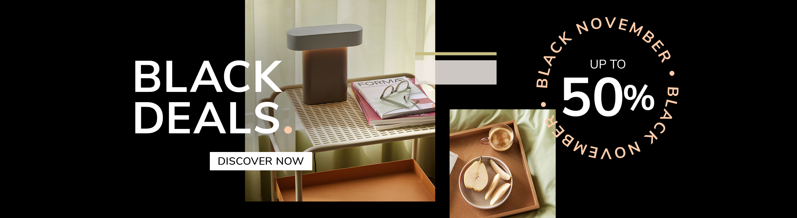 Discover More Elegant designer table lamp on natural stone base with gold stem and white shade, promoting Black November sale – up to 40% off with text ‘First Black Deals’ and ‘Discover More’ button.