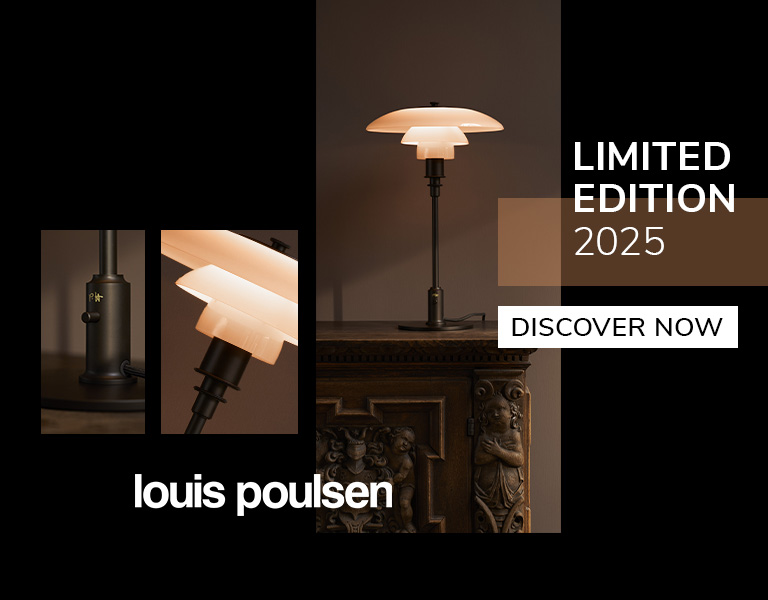 Discover More Warm-toned interior showcasing a Louis Poulsen table lamp on a carved wooden cabinet, promoting the 2025 limited edition lighting collection
